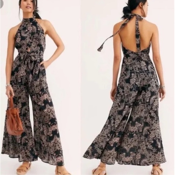 Free People Kissing Sunlight Halter Wide Leg Jumpsuit Size Large - Picture 1 of 10